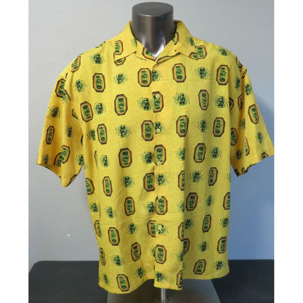 Mens Box Office Tiki Print Island Button Front Short Sleeve Shirt Size XL Yellow